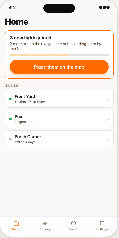 The app's Home screen: 3 new lights joined, place them on the map
