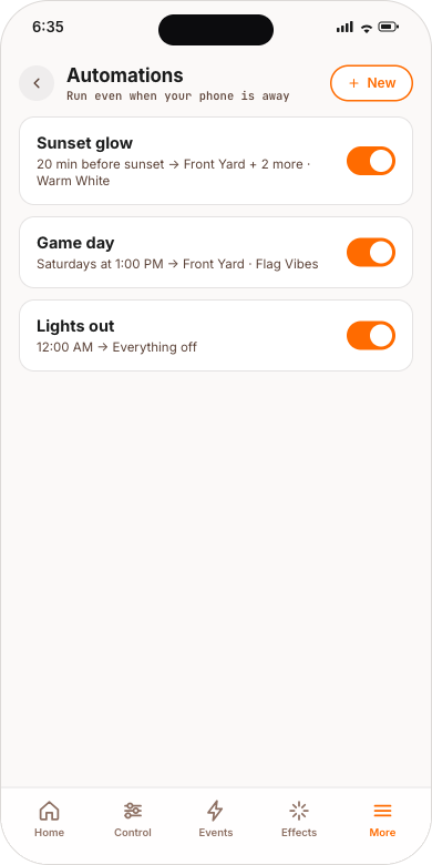 Automations: Sunset glow, Game day, Lights out