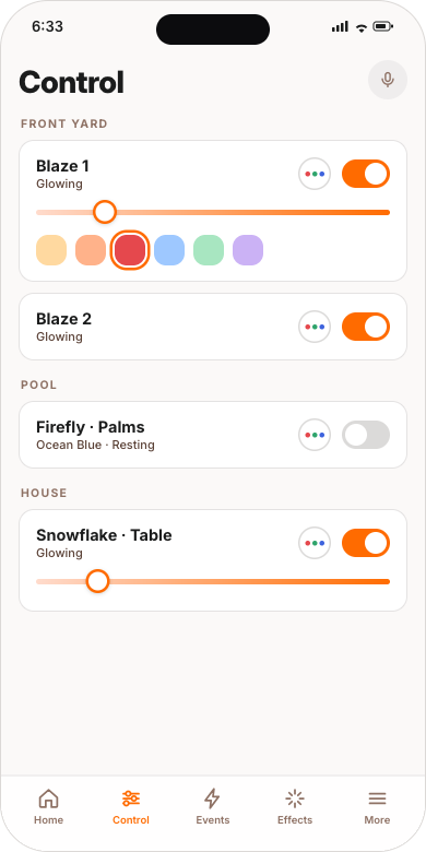 Control: Front Yard, Pool and House, each light a card with a slider and six colours