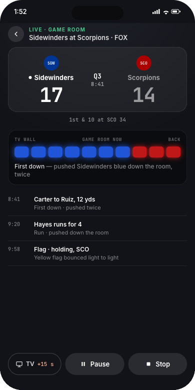 The live game on iPhone: the score, the room as the lights see it, the last plays, Pause and Stop