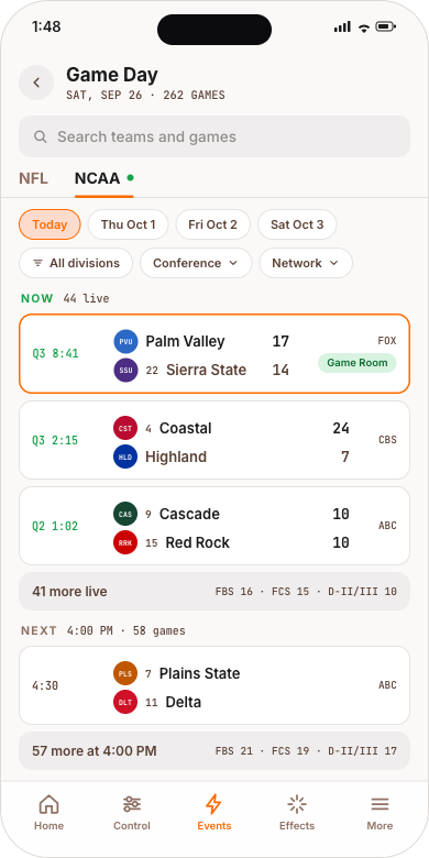 A college Saturday: live games by division and conference