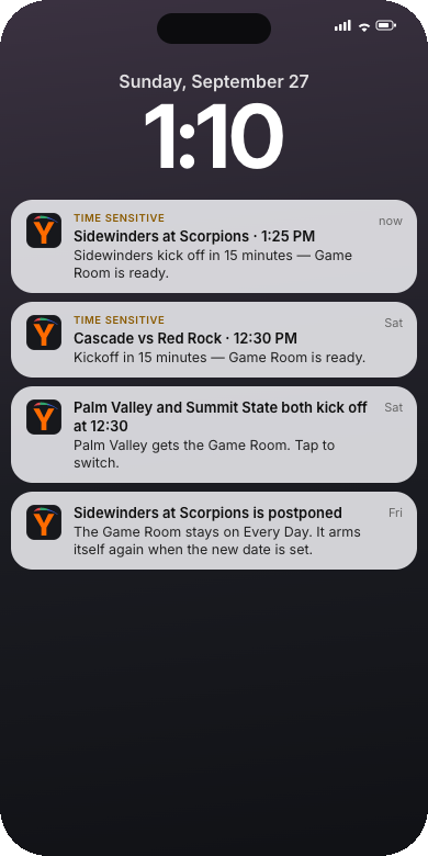 Kickoff reminders on the Lock Screen: kickoff in 15 minutes, the room is ready