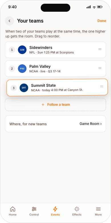 Your teams in order: the higher one gets the room when two play at once
