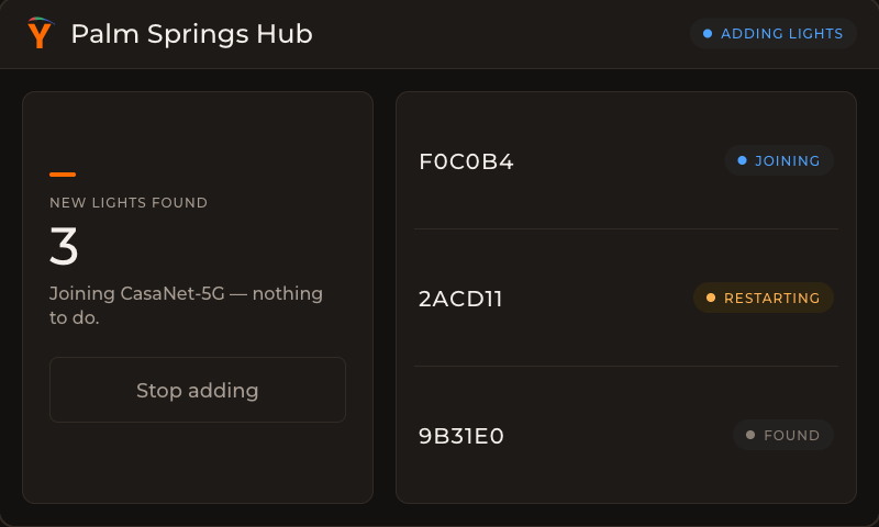 The Yosco Hub's screen: New lights found, 3, joining, nothing to do