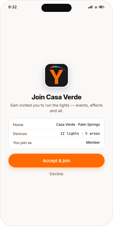Join Casa Verde: Sam invited you to run the lights, 12 lights, 5 areas, you join as Member