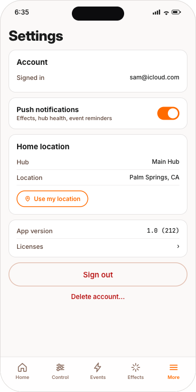 Settings: account, push notifications, home location, app version