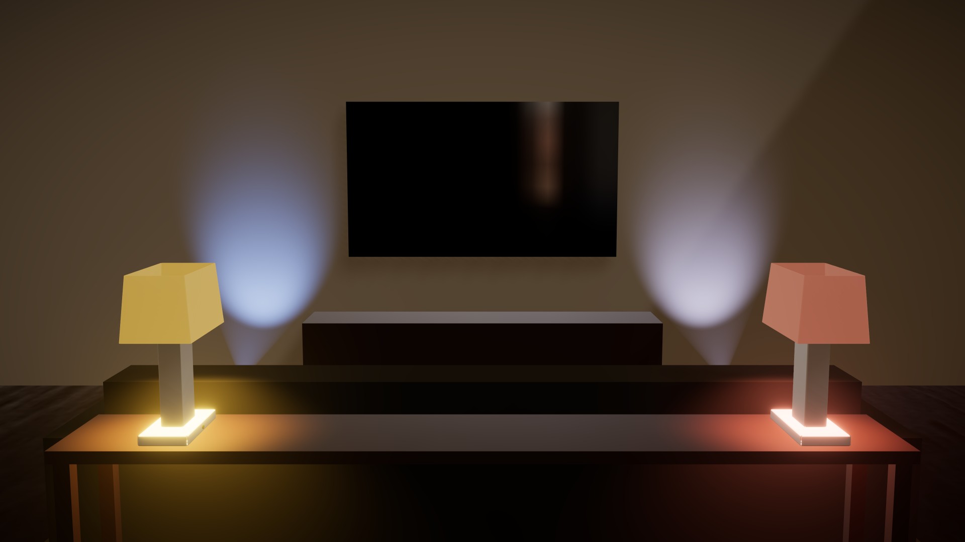 A yellow flag on the lamp behind the couch while the TV wall holds blue