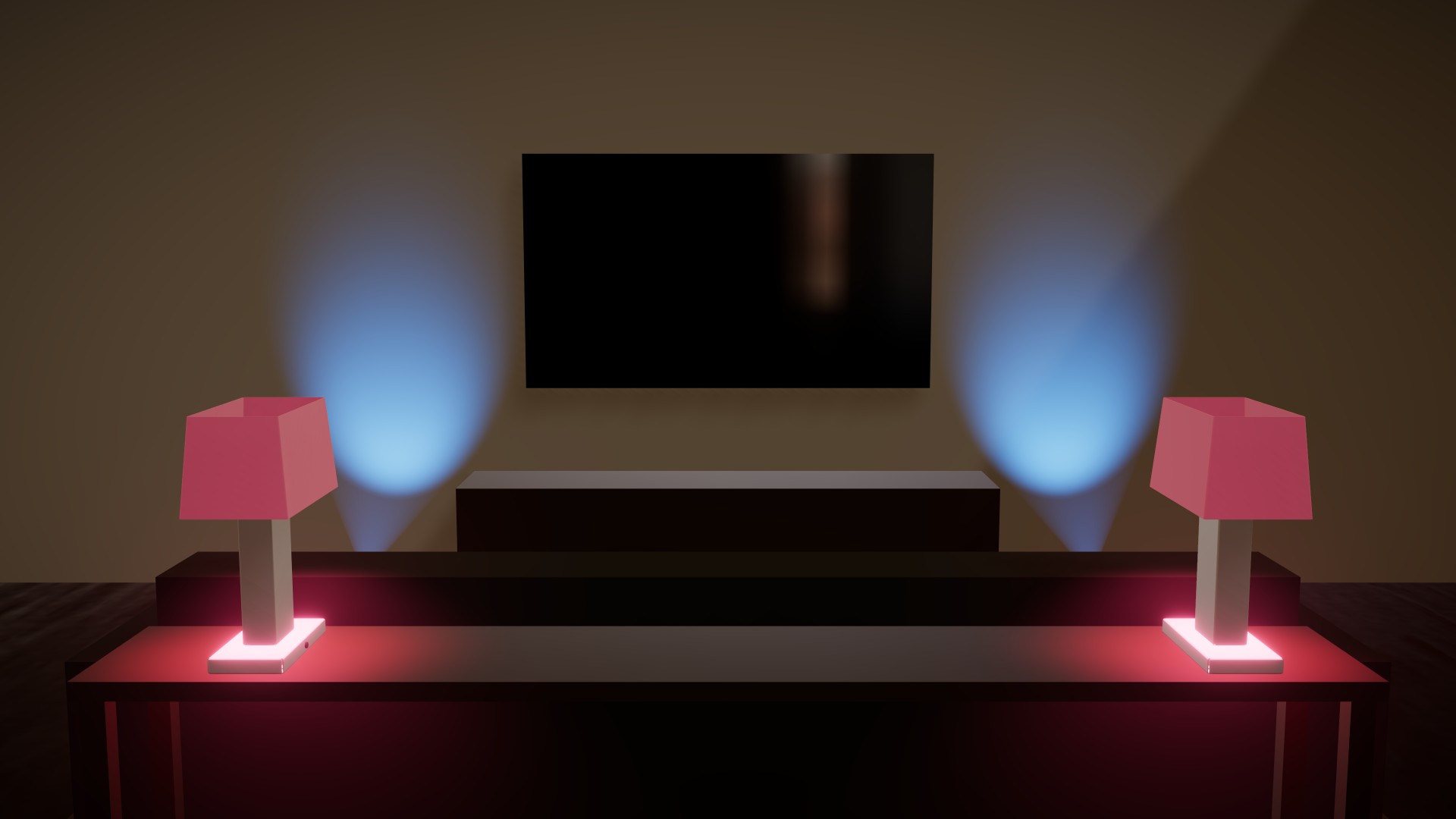 A living room at night: two uplights either side of the TV wash the wall in one team's blue, two lamps behind the couch glow in the other team's red